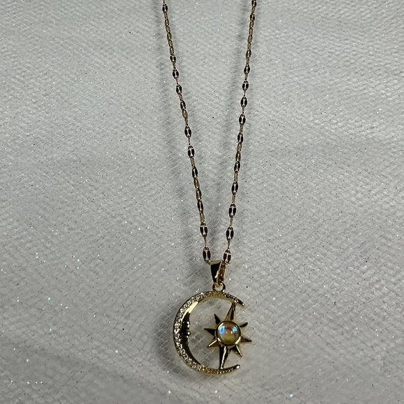 Gold Tone Cz Diamond Crescent Moon Pendant with Center Moonstone Style Accent - Picture 10 of 10